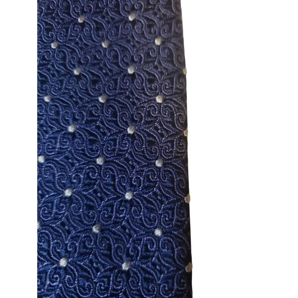 Sean John Mens‎ Tie Necktie Fine Tailoring Blue White Scroll Print Polka Dot